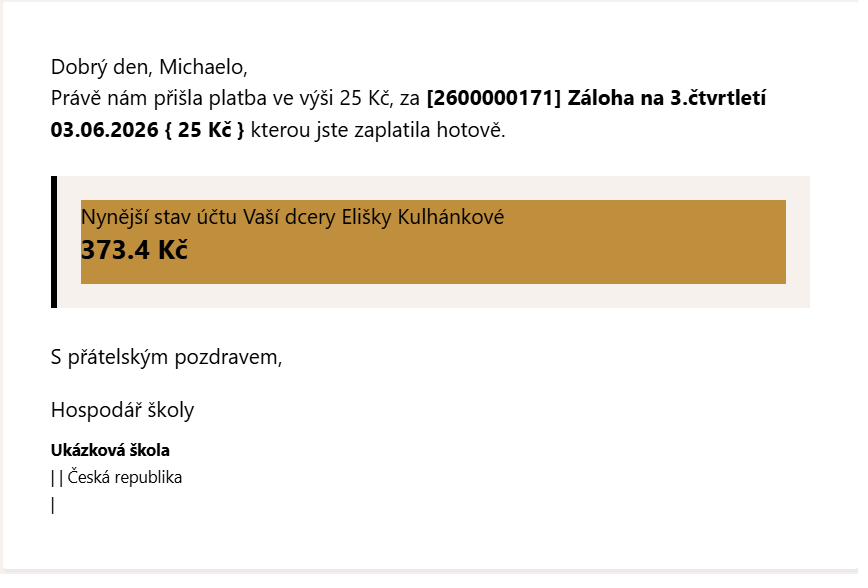 Potvrzení o platbě zaslané rodiči