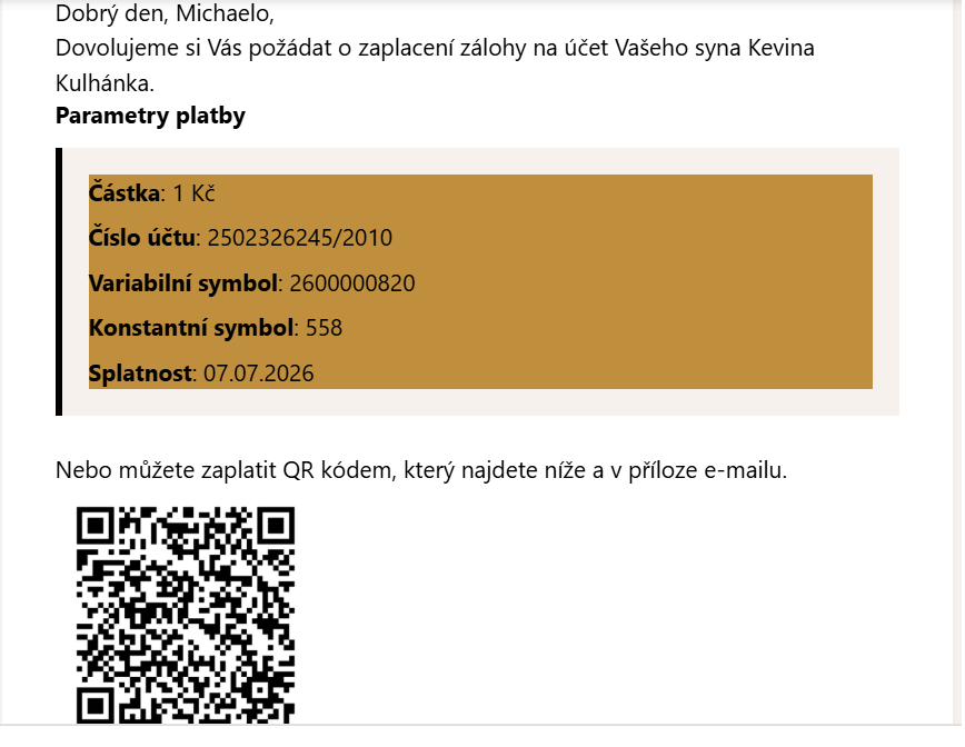 Výzva k platbě s QR kódem v systému SENECA EQ